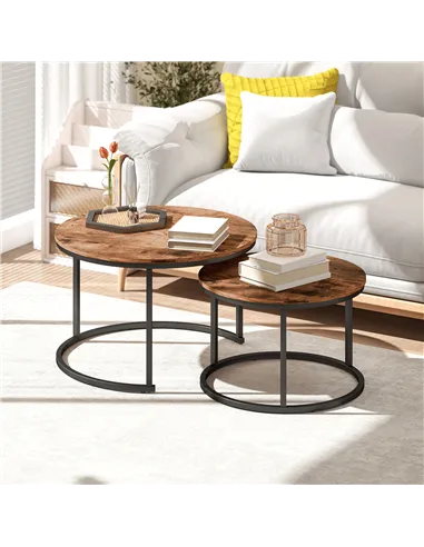 HOMCOM Coffee Table Set of 2, Round Nest of Tables with Metal Frame, Modern Side Tables for Living Room, Rustic Brown