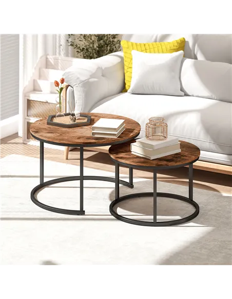 HOMCOM Coffee Table Set of 2, Round Nest of Tables with Metal Frame, Modern Side Tables for Living Room, Rustic Brown