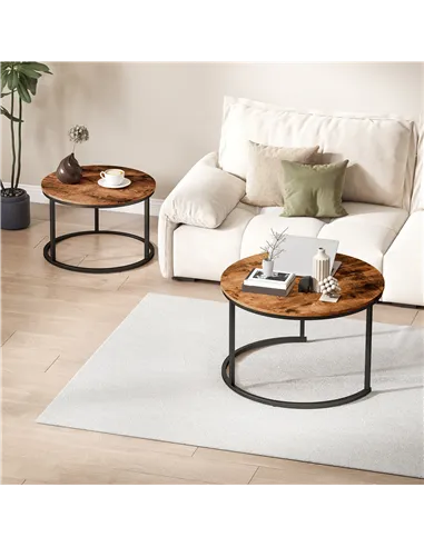 HOMCOM Coffee Table Set of 2, Round Nest of Tables with Metal Frame, Modern Side Tables for Living Room, Rustic Brown