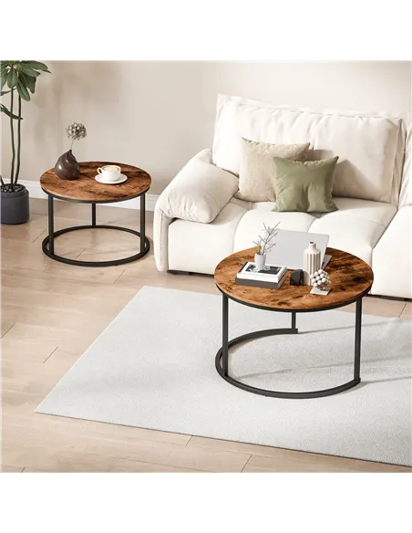 HOMCOM Coffee Table Set of 2, Round Nest of Tables with Metal Frame, Modern Side Tables for Living Room, Rustic Brown