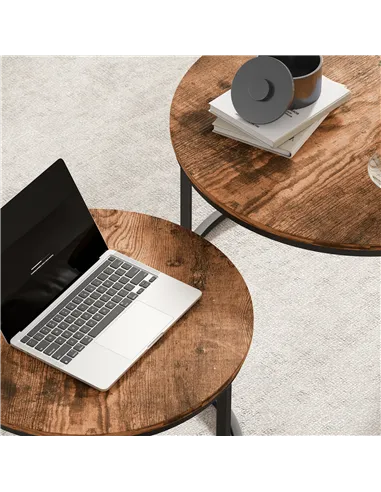 HOMCOM Coffee Table Set of 2, Round Nest of Tables with Metal Frame, Modern Side Tables for Living Room, Rustic Brown