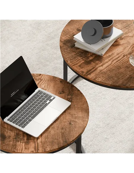 HOMCOM Coffee Table Set of 2, Round Nest of Tables with Metal Frame, Modern Side Tables for Living Room, Rustic Brown