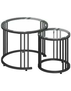 HOMCOM Round Coffee Tables Set of 2, Nesting Tables with Tempered Glass Top and Steel Frame, Black