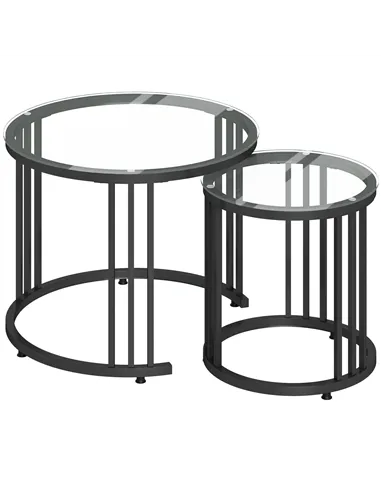 HOMCOM Round Coffee Tables Set of 2, Nesting Tables with Tempered Glass Top and Steel Frame, Black