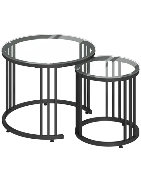 HOMCOM Round Coffee Tables Set of 2, Nesting Tables with Tempered Glass Top and Steel Frame, Black