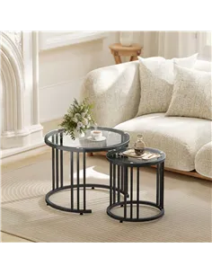 HOMCOM Round Coffee Tables Set of 2, Nesting Tables with Tempered Glass Top and Steel Frame, Black 2