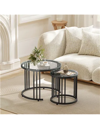 HOMCOM Round Coffee Tables Set of 2, Nesting Tables with Tempered Glass Top and Steel Frame, Black