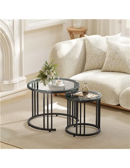 HOMCOM Round Coffee Tables Set of 2, Nesting Tables with Tempered Glass Top and Steel Frame, Black