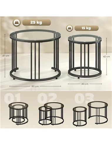 HOMCOM Round Coffee Tables Set of 2, Nesting Tables with Tempered Glass Top and Steel Frame, Black