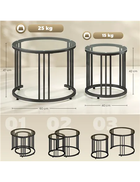HOMCOM Round Coffee Tables Set of 2, Nesting Tables with Tempered Glass Top and Steel Frame, Black