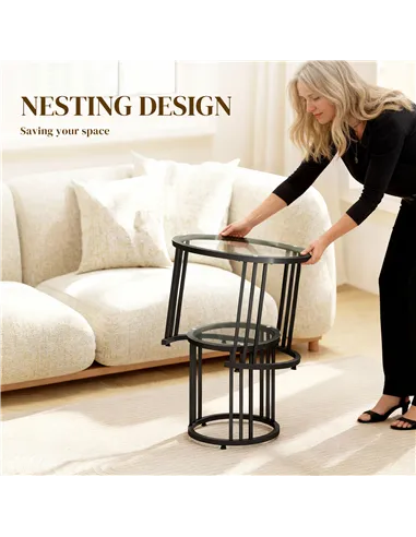 HOMCOM Round Coffee Tables Set of 2, Nesting Tables with Tempered Glass Top and Steel Frame, Black