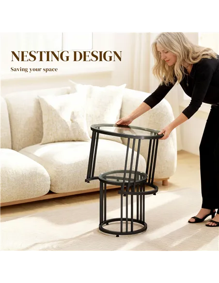 HOMCOM Round Coffee Tables Set of 2, Nesting Tables with Tempered Glass Top and Steel Frame, Black