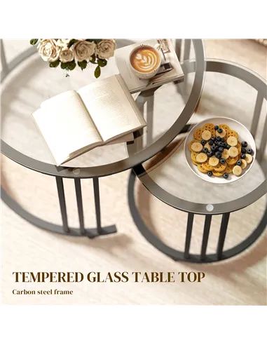 HOMCOM Round Coffee Tables Set of 2, Nesting Tables with Tempered Glass Top and Steel Frame, Black