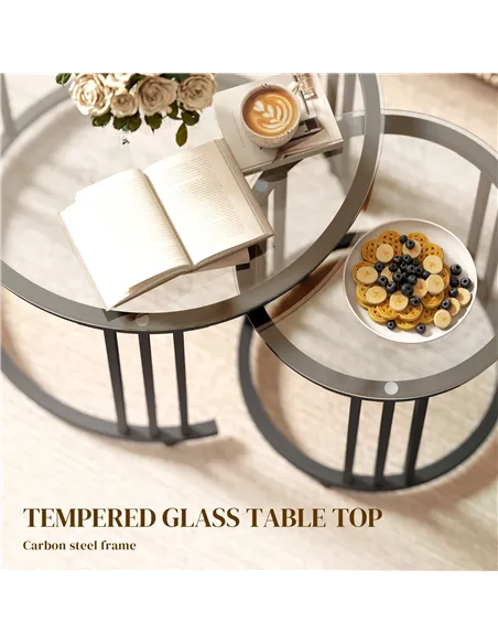 HOMCOM Round Coffee Tables Set of 2, Nesting Tables with Tempered Glass Top and Steel Frame, Black