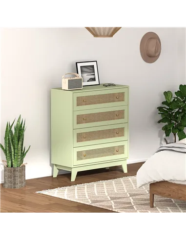 HOMCOM Chest of Drawers, 4-Drawer Storage Organiser Unit with Rattan Element for Bedroom, Living Room, Light Green