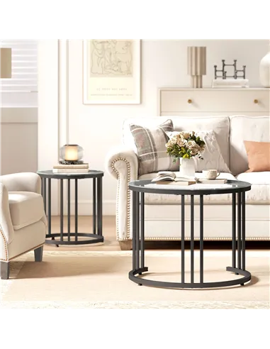HOMCOM Round Coffee Tables Set of 2, Nesting Tables with Tempered Glass Top and Steel Frame, Black