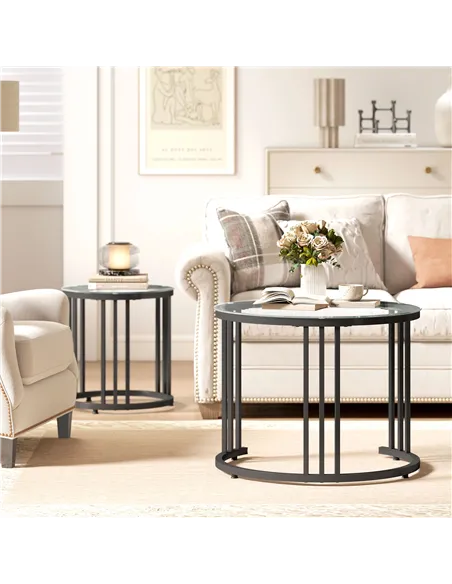 HOMCOM Round Coffee Tables Set of 2, Nesting Tables with Tempered Glass Top and Steel Frame, Black