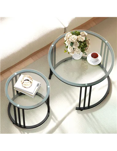 HOMCOM Round Coffee Tables Set of 2, Nesting Tables with Tempered Glass Top and Steel Frame, Black