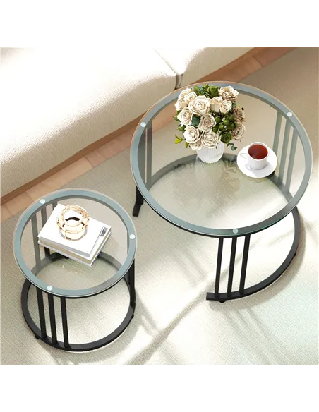 HOMCOM Round Coffee Tables Set of 2, Nesting Tables with Tempered Glass Top and Steel Frame, Black