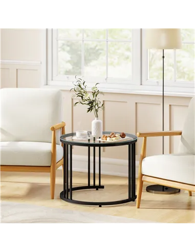 HOMCOM Round Coffee Tables Set of 2, Nesting Tables with Tempered Glass Top and Steel Frame, Black