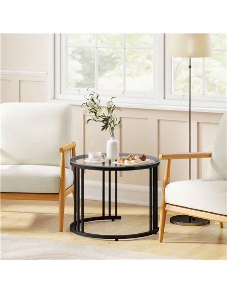 HOMCOM Round Coffee Tables Set of 2, Nesting Tables with Tempered Glass Top and Steel Frame, Black