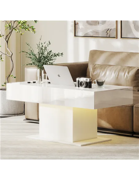 HOMCOM Extendable Coffee Table with LED Lights and Storage - High Gloss White