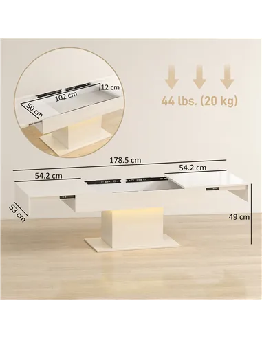 HOMCOM Extendable Coffee Table with LED Lights and Storage - High Gloss White