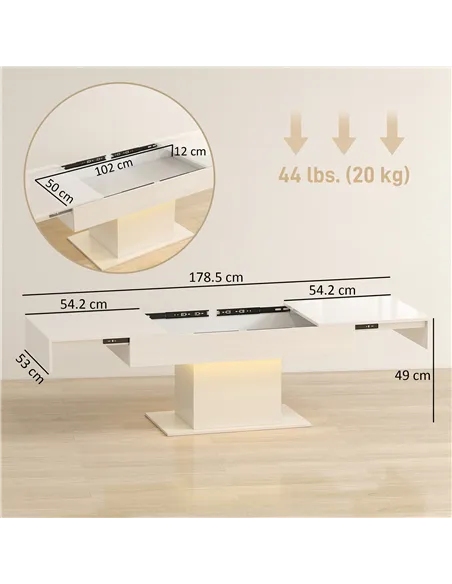 HOMCOM Extendable Coffee Table with LED Lights and Storage - High Gloss White