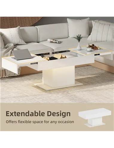 HOMCOM Extendable Coffee Table with LED Lights and Storage - High Gloss White