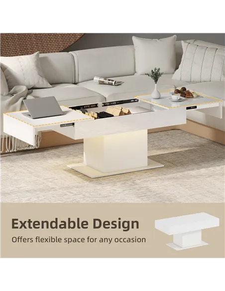 HOMCOM Extendable Coffee Table with LED Lights and Storage - High Gloss White