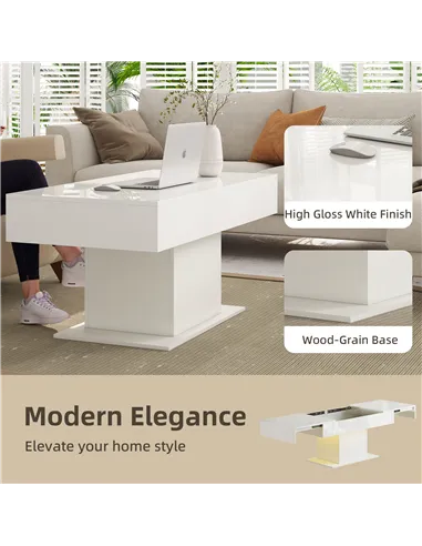 HOMCOM Extendable Coffee Table with LED Lights and Storage - High Gloss White