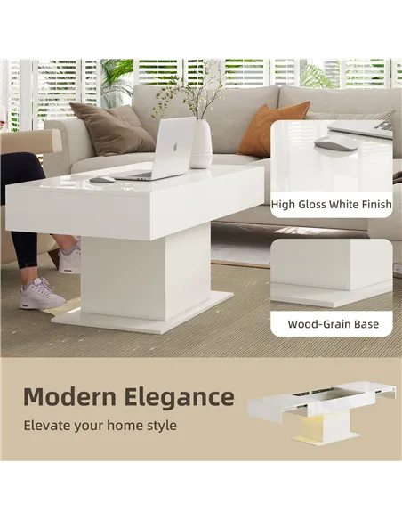 HOMCOM Extendable Coffee Table with LED Lights and Storage - High Gloss White