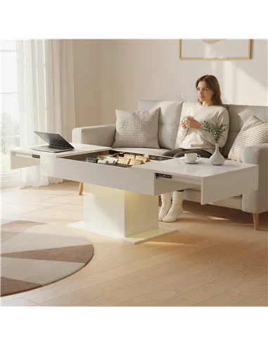 HOMCOM Extendable Coffee Table with LED Lights and Storage - High Gloss White