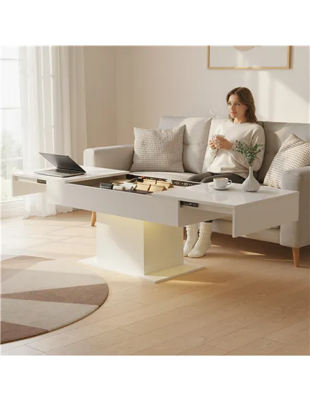 HOMCOM Extendable Coffee Table with LED Lights and Storage - High Gloss White