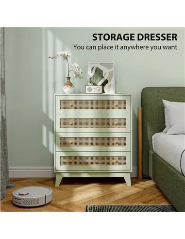 HOMCOM Chest of Drawers, 4-Drawer Storage Organiser Unit with Rattan Element for Bedroom, Living Room, Light Green