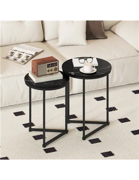 HOMCOM Set of Two Marble-Effect Nest of Tables - Black Marble Effect