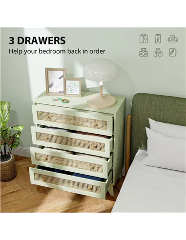 HOMCOM Chest of Drawers, 4-Drawer Storage Organiser Unit with Rattan Element for Bedroom, Living Room, Light Green