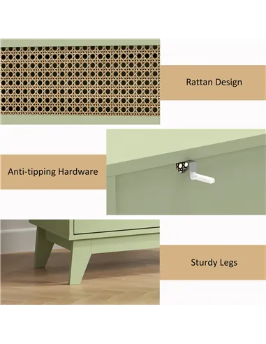 HOMCOM Chest of Drawers, 4-Drawer Storage Organiser Unit with Rattan Element for Bedroom, Living Room, Light Green