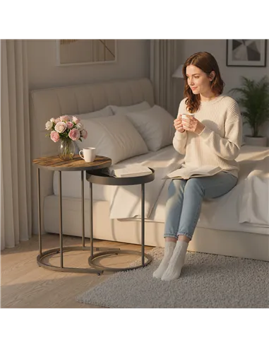 HOMCOM Set of Two Industrial Nesting Tables - Brown/Black