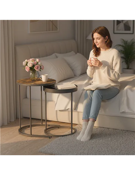 HOMCOM Set of Two Industrial Nesting Tables - Brown/Black