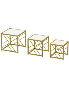 HOMCOM Nesting Coffee Tables, Set of 3 Square Side Tables with Black Metal Frame, for Living Room, Bedroom and Office, White