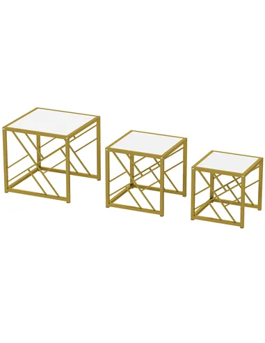 HOMCOM Nesting Coffee Tables, Set of 3 Square Side Tables with Black Metal Frame, for Living Room, Bedroom and Office, White