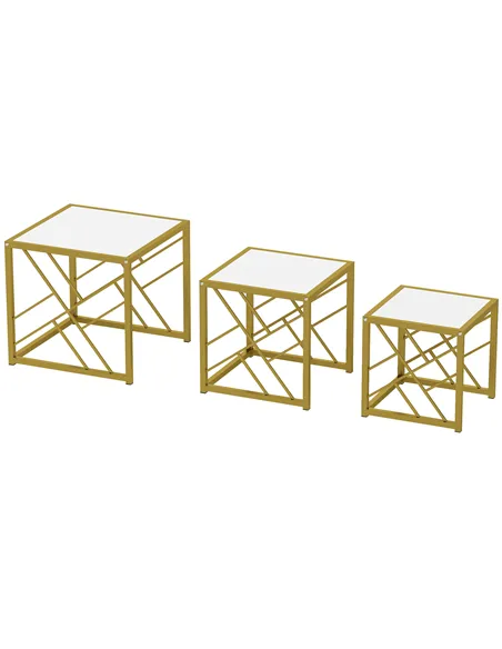 HOMCOM Nesting Coffee Tables, Set of 3 Square Side Tables with Black Metal Frame, for Living Room, Bedroom and Office, White