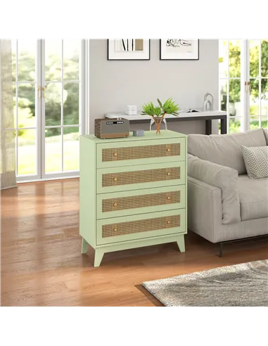 HOMCOM Chest of Drawers, 4-Drawer Storage Organiser Unit with Rattan Element for Bedroom, Living Room, Light Green
