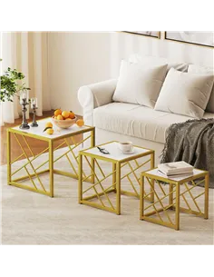 HOMCOM Nesting Coffee Tables, Set of 3 Square Side Tables with Black Metal Frame, for Living Room, Bedroom and Office, White 2