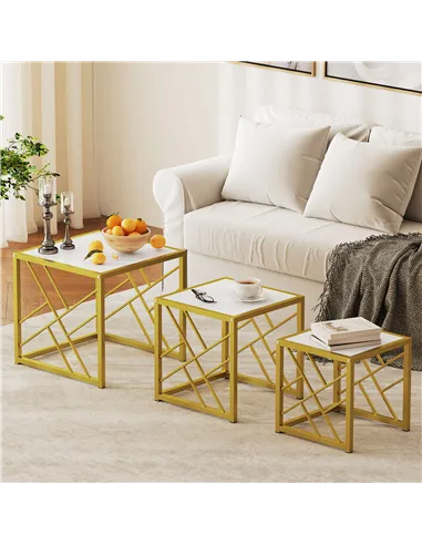 HOMCOM Nesting Coffee Tables, Set of 3 Square Side Tables with Black Metal Frame, for Living Room, Bedroom and Office, White