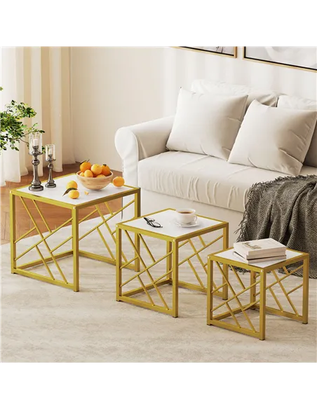 HOMCOM Nesting Coffee Tables, Set of 3 Square Side Tables with Black Metal Frame, for Living Room, Bedroom and Office, White