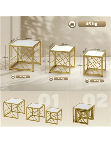 HOMCOM Nesting Coffee Tables, Set of 3 Square Side Tables with Black Metal Frame, for Living Room, Bedroom and Office, White