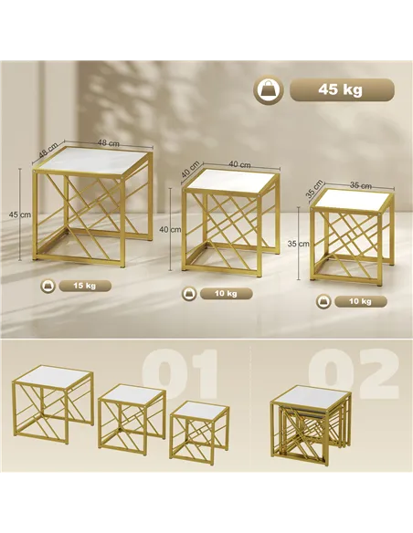 HOMCOM Nesting Coffee Tables, Set of 3 Square Side Tables with Black Metal Frame, for Living Room, Bedroom and Office, White