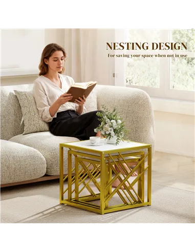 HOMCOM Nesting Coffee Tables, Set of 3 Square Side Tables with Black Metal Frame, for Living Room, Bedroom and Office, White